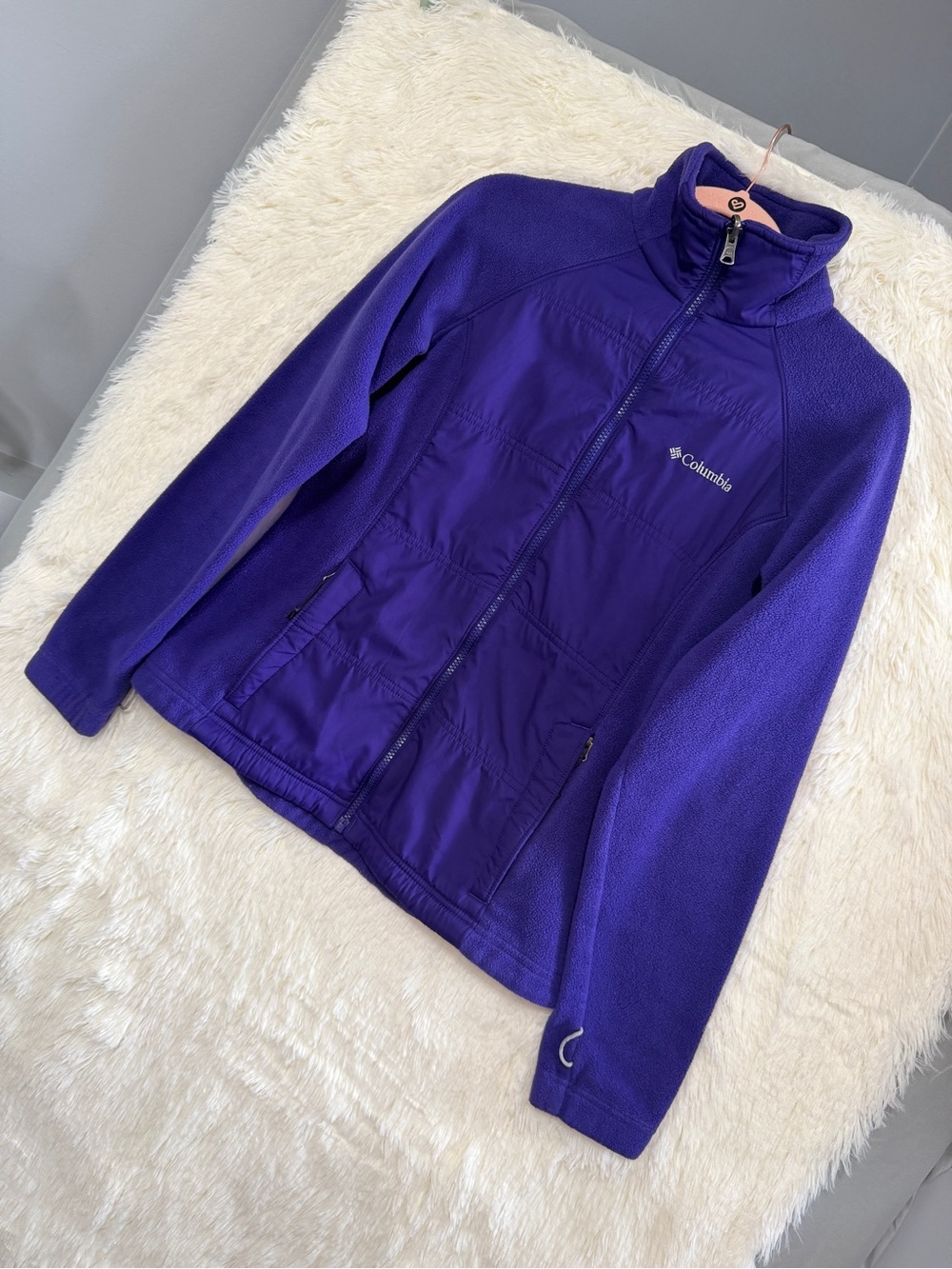 Columbia Womens Full Zip Fleece Jacket M Purple Outdoors Hiking Quilted Panels